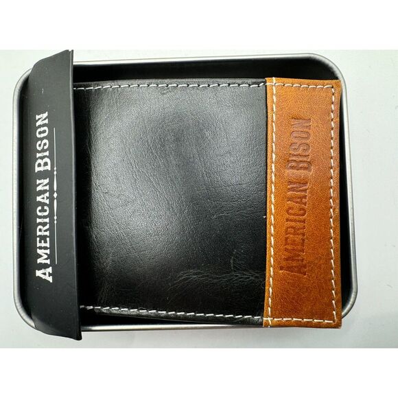AMERICAN BISON GENUINE LEATHER BLACK AND BROWN MEN'S WALLET FAST SHIPPING - Picture 2 of 5